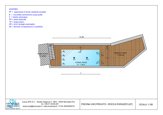 piscina interrata isoblok, forma classica, con area solarium in legno ricostruito di teck, skimmer sfioratore, Acqua SPA®